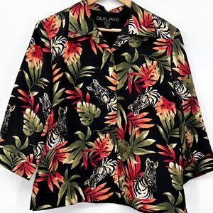 Silkland Zebra 100% Silk Jacket Blazer Womens Size 8 Black Tropical Palm EUC